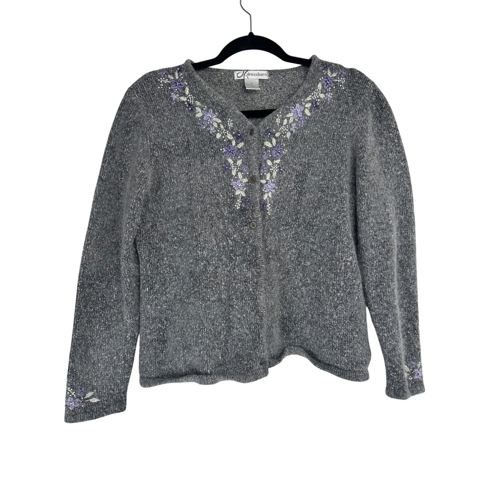 Silk Angora Blend Gray Floral Embroidered Beaded Cardigan Sweater M Cottagecore